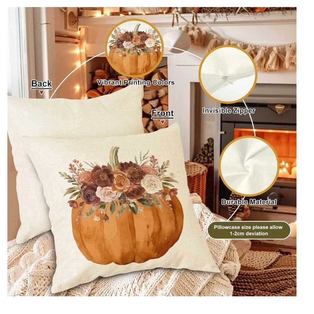 Set of 4 Fall Pumpkin Floral Pillow Covers 16x16 Thanksgiving NWOT